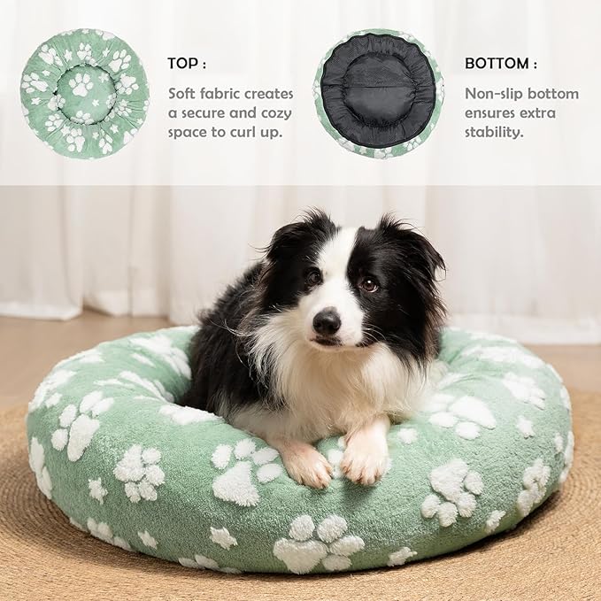 Donut Dog Beds for Medium Dogs, Calming Round Cat Beds for Indoor Cats, Cute 3D Textured Paw Pet Bed with Removable Washable Cover and Anti-Slip Bottom（Green，30"）