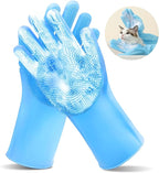 Pet Grooming Gloves，Heat-Resistant Silicone Gloves with High-Density Teeth for Enhanced Massaging and Bathing of Dogs and Cats (Blue, 2 Pair)