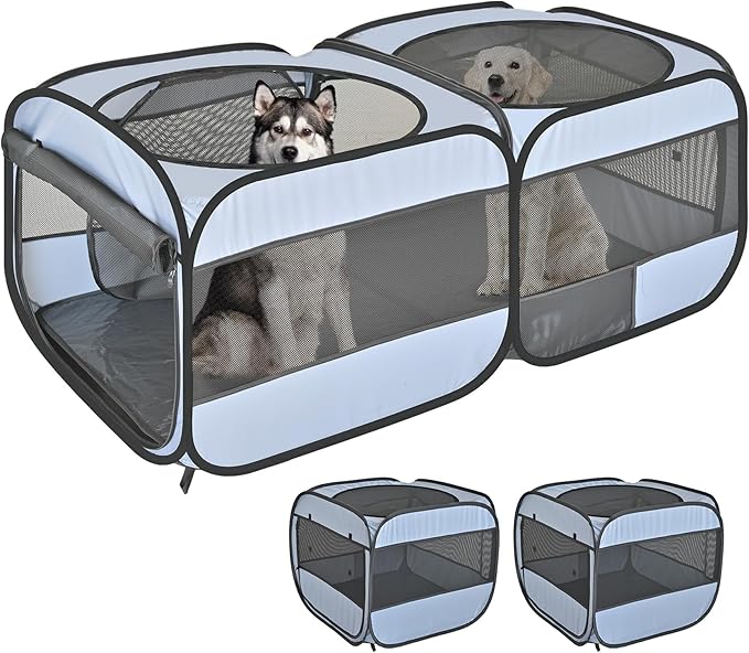 2-in-1 Pop Up Puppy Playpen, Detachable into 2 Separate Pens with Additional Doors, Assembly-Free Portable Cat Dog Crates Pet Pen Tent Kennel Kitten Enclosure Cage Indoor Outdoor Foldable Condo(L)