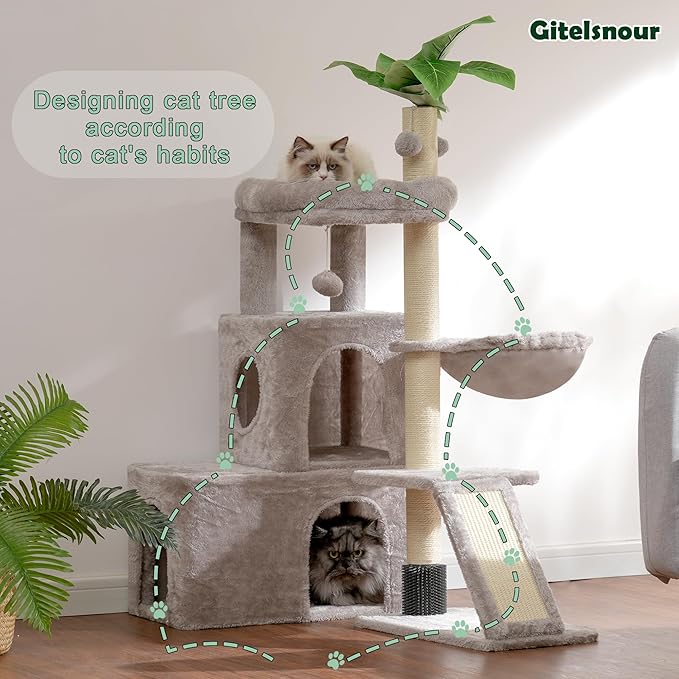 Cat Tree for Indoor Cats Large Adult, Heavy Duty Cat Tower for Big Cats, Cat Tree House with Self Groomer Brush, Big Padded Top Perch, Scratching Post, Hammock, Light Gray GCT012W