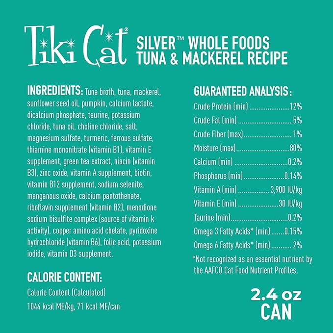Tiki Cat Silver Comfort Mousse + Shreds, Tuna & Mackerel Recipe in Tuna Broth, Immune System Support Formulated for Older Cats Aged 11+, Senior Wet Cat Food, 2.4 Oz Cans (Pack of 12)