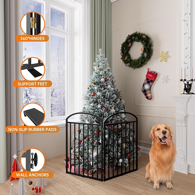 2 Panels Full Matel Freestanding Dog Gates with Door, 48"Extra Wide 32"Tall Free Standing Dog Pet Gate for Indoor & Outdoor. Foldable Pet Fences for Doorways, House, Stairs, Porch, Deck, Yard