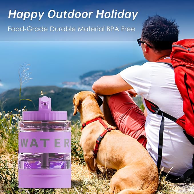 77oz Dog Water Bottle with Dispenser Bowl, 2200ml Capacity, Purple, Portable Pet Travel Bottle with Strap