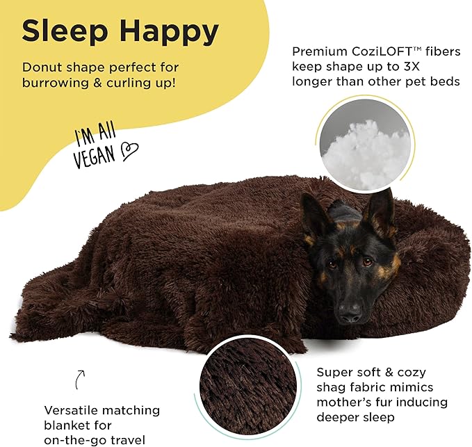 Best Friends by Sheri Bundle Set The Original Calming Shag Donut Cuddler Cat and Dog Bed + Pet Throw Blanket Dark Chocolate Large 36" x 36"