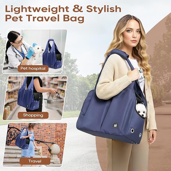 Dog Purse Carrier for Small Dogs, Cats, and Puppies – Soft-Sided Travel Pet Tote Bag with 4 Large Pockets, Foldable, Lightweight, Fits Pets up to 15 lbs, for Travel, Vet, Outings (Dark Blue)