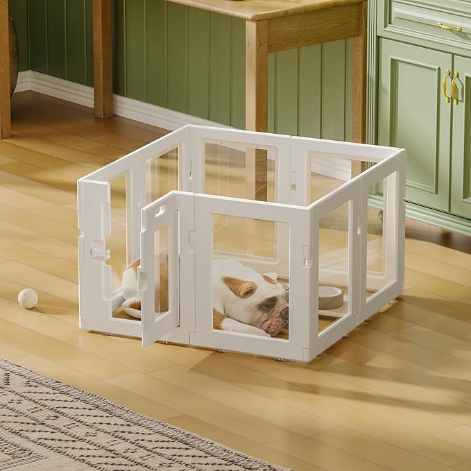 Clear Acrylic Dog Playpen Indoor, Puppy Cat Small Pet Play Pen, Easy Assemble & Disassemble Sturdy Plastic Dog Fence with Heavy Duty Door Lock (24In H, 8PCS), White