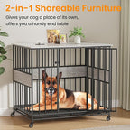 Dog Crate Furniture for Extra Large Dogs, 47 Inch Indoor Kennel, Wooden Pet Cage Decorative Corner End Table with Caster Wheels & Double Removable Tray, Greige