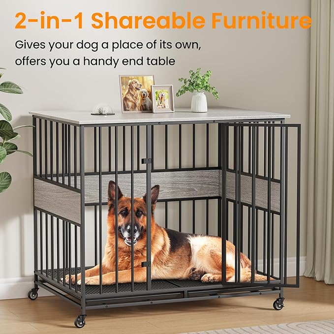 Dog Crate Furniture for Extra Large Dogs, 47 Inch Indoor Kennel, Wooden Pet Cage Decorative Corner End Table with Caster Wheels & Double Removable Tray, Greige