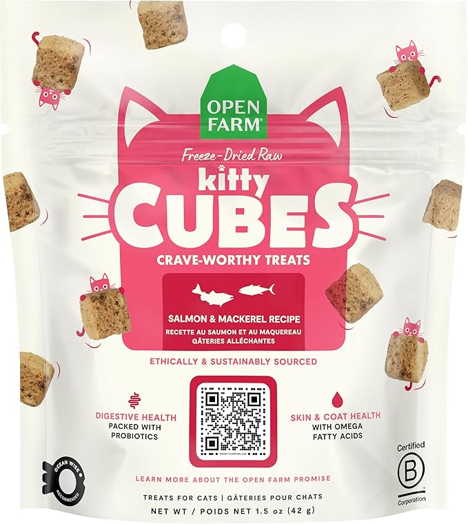 Open Farm, Kitty Cubes, Freeze Dried Raw Cat Treats, Grain-Free, High-Protein Cat Treat with Probiotics, Omega Fatty Acids & Superfoods, Salmon & Mackerel Recipe, 1.5oz Bag