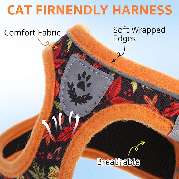 SCENEREAL Fall Thanksgiving Cat Harness and Leash Set Escape Proof, Soft Mesh Kitten Harness for Walking Travel, Reflective Adjustable Pet Vest with Leaf Print for Cat Puppy, S