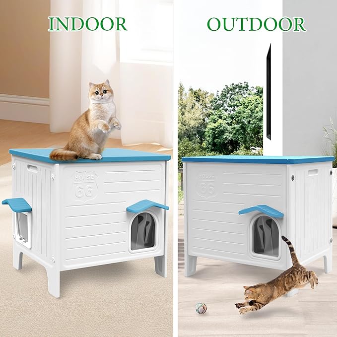 Cat House Outdoor Weatherpoof Plastic Cats Houses with Escape Door Indoor Waterproof Feral/Pet Cat Shelter Outside for Puppy, Rabbit(Blue)