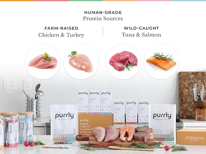 Purrly Cat Treat Topper Lickable Wet Squeezable Healthy Human-Grade Tuna & Chicken Breast with Prebiotic and Dietary Fiber for Indoor Cats (30 Count) Grain-Free Non-GMO No-Preservatives