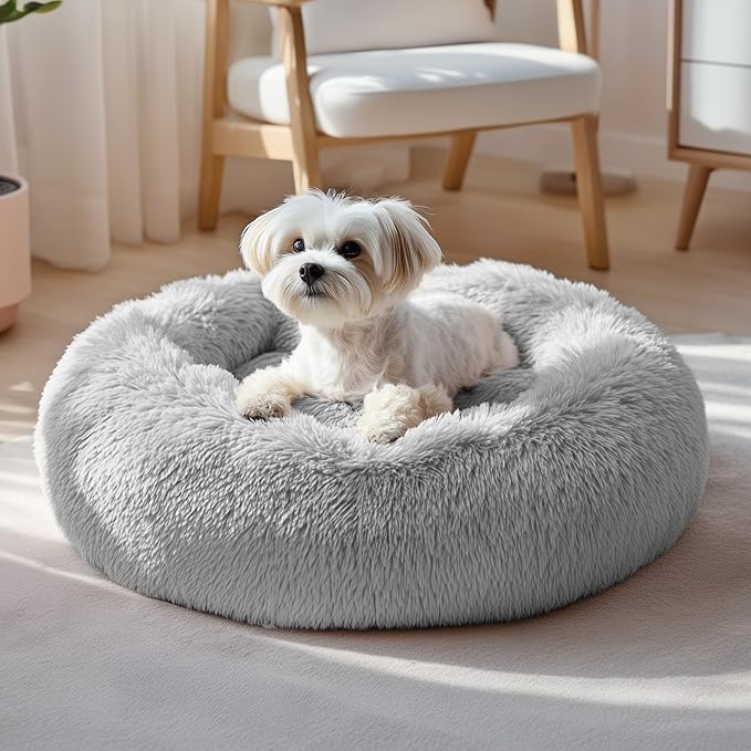Deconovo Calming Donut Dog Bed, Washable Plush Round Pet Bed for Small Dogs & Cats with Raised Rim, Non-Slip Base and Soft Faux Fur—Lightweight, Easy-Care Design Light Grey 25" L x 25" W x 8" Th