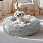 Deconovo Calming Donut Dog Bed, Washable Plush Round Pet Bed for Small Dogs & Cats with Raised Rim, Non-Slip Base and Soft Faux Fur—Lightweight, Easy-Care Design Light Grey 25" L x 25" W x 8" Th