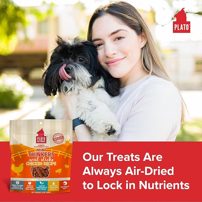 PLATO Mini Thinkers Sticks - Natural Dog Treats - Real Meat - Air Dried - Made in the USA, Chicken Flavor, 3 ounces