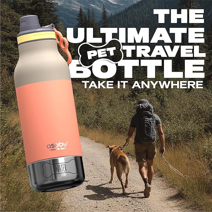 Asobu Dog Barky Bottle – Insulated Stainless Steel Water Bottle with 2 Removable Dog Bowls for Food, Treats & Water – Pet-Friendly Travel Bottle for Hiking, Road Trips & Outdoor Adventures
