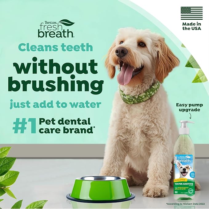 TropiClean Fresh Breath Water Additive for Dogs | Dog Breath Freshener & Teeth Cleaning Solution | No Toothpaste or Toothbrush Required | 16 oz + Pump