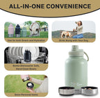32oz 3-in-1 Portable Travel Water Bottle, Food & Hydration Bottle - Dual Use for Humans & Pets with Detachable Bowls, Stainless Steel, Keeps Water Hot for 6hrs & Cold for 12hrs