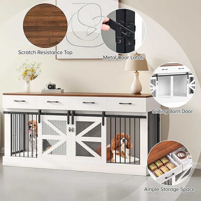 71" Large Dog Crate for 1 or 2 Dogs, Indoor Wooden Dog Cage with Removable Divider & 4 Storage Drawers - Heavy Duty Dog Kennel Furniture, Multi-Functional Pet Crates for Large/Medium Dogs,TV Stand