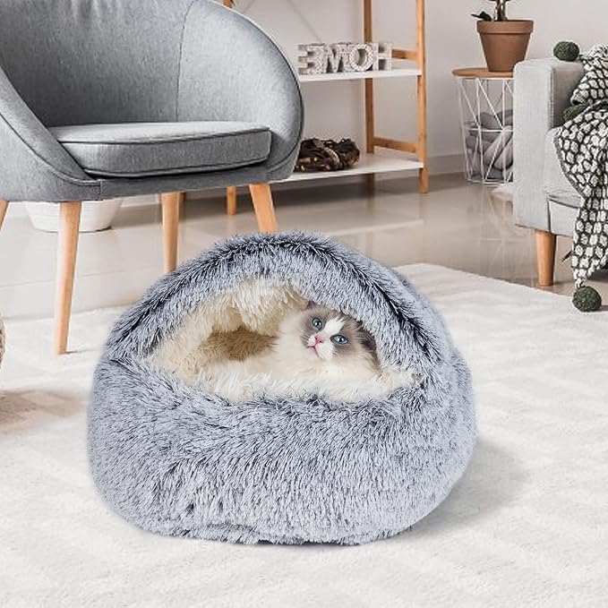 Cat Beds & Dog Bed with Cover Cave, Dog Beds for Small Dogs, Round Soft Plush Donut Calming Pet Bed for Indoor Cats or Small Dog, Washable Puppy Bed with Non-Slip Bottom-16inch