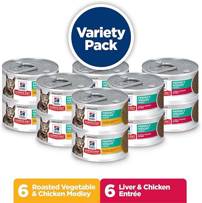 Hill's Science Diet Perfect Weight, Adult 1-6, Weight Management Support, Wet Cat Food, Variety Pack: Liver & Chicken Minced; Chicken Stew, 2.9 oz Can Variety Pack, Case of 24