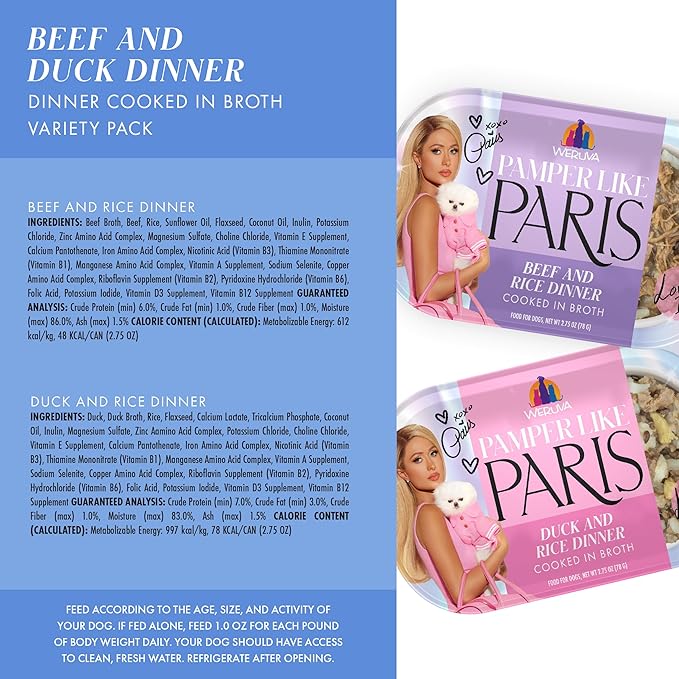 Pamper Like Paris Natural Wet Dog Food, Beef and Duck Recipes Cooked in Broth Variety Pack (2.75oz Cup, Pack of 10)