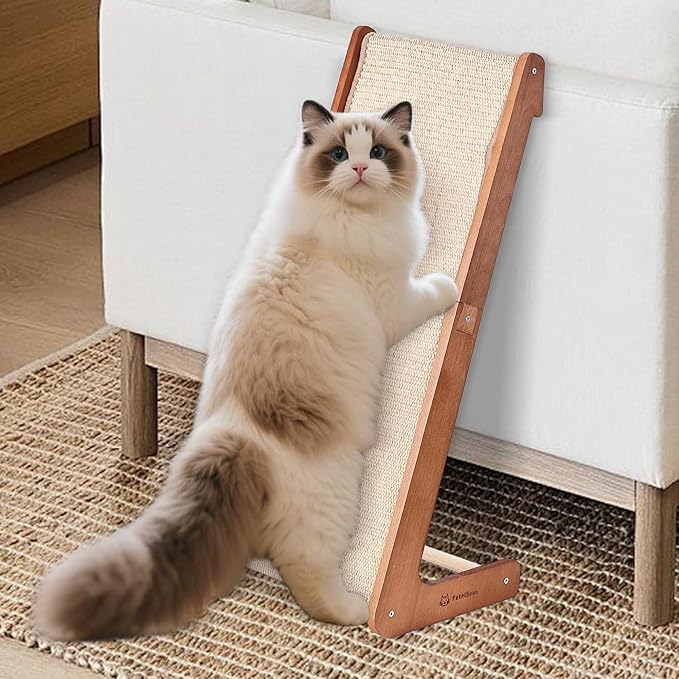 Large-28.5" Sisal Cat Scratcher of L-Shaped Solid Wood Cat Scratching Post - Beechwood Base, Natural Sisal Woven Scratching Pad, Durable, Furniture Protector for Cats' Clawing and Play