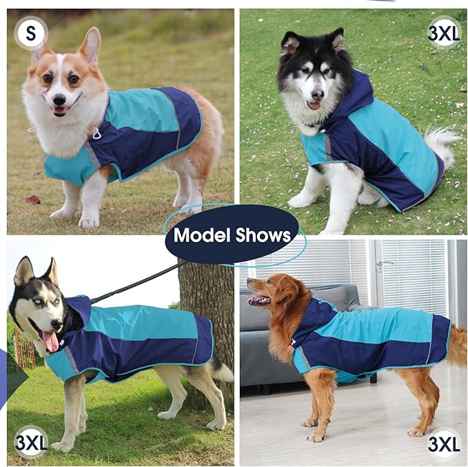 IECOii Dog Raincoat,Waterproof Rain Coat for Small Dogs,Adjustable Pet Rain Jacket with Hood,Lightweight Doggy Raincoats with Reflective Stripes,Blue,Small