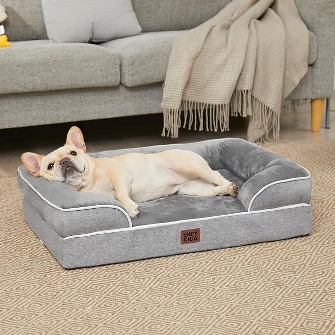 EHEYCIGA Orthopedic Dog Beds for Large Dogs, Waterproof Memory Foam Large Pet Bed with Sides, Non-Slip Bottom and Egg-Crate Foam Dog Couch Bed with Washable Removable Cover, Grey
