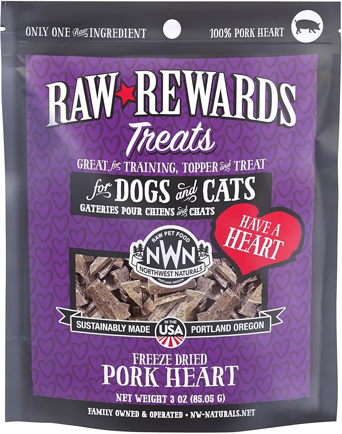 Northwest Naturals Raw Rewards Freeze-Dried Pork Heart Treats for Dogs and Cats - Bite-Sized Pieces - Healthy, 1 Ingredient, Human Grade Pet Food, All Natural, Proudly Made in USA, 3 Oz