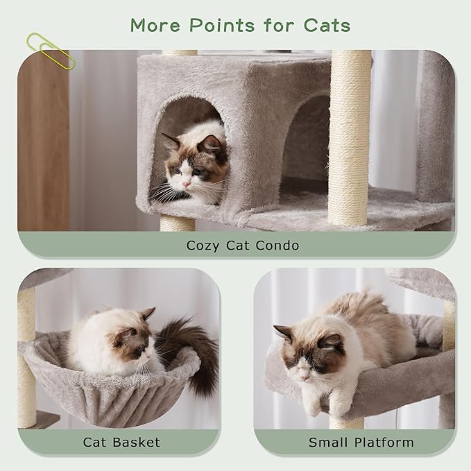 Cat Tree with Tunnel, Cat Tower for Indoor Cats, Tall Cat Tree Tower with Cat Condo, Food Station, Large Platform, Scratching Posts, Hammock, Light Gray GCT021W