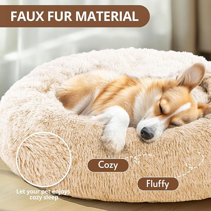 JOLLYVOGUE Calming Dog & Cat Bed for Large Dogs, Anti-Anxiety Donut Cuddler Cozy Soft Round Bed with Anti-Slip Bottom, Fluffy Faux Fur Plush Cushion Beds for Medium Dogs (36")