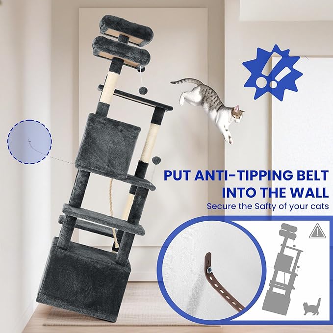 69-Inch Tall Cat Tree with Huge Condos, Multi-Functional Cat Tower with Top Perches, Scratching Posts, Pompoms, for Climbing, Lounging and Playing (Dark Grey)