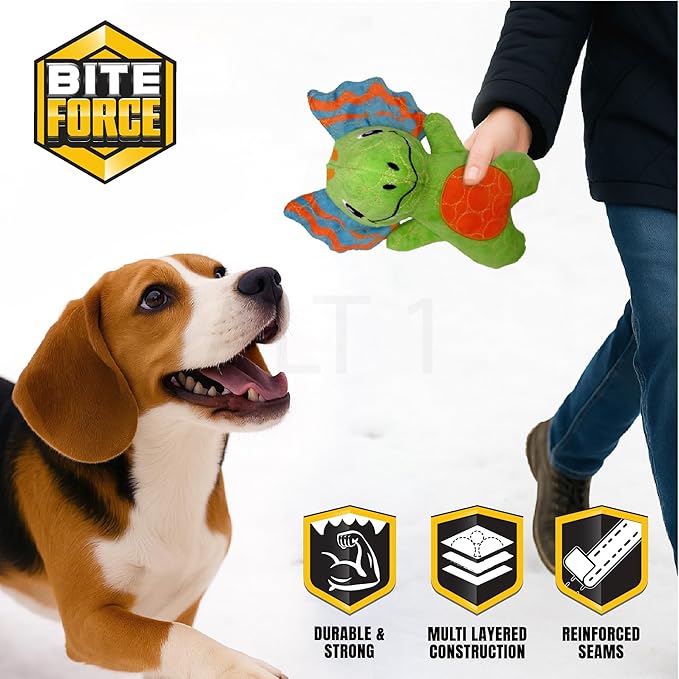 Bite Force - Durable & Strong Dog Toy Green Dino with Squeaker, Kevlar-Reinforced for Aggressive chewers.