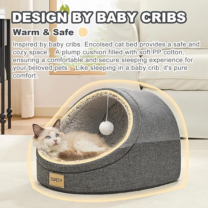 Jiupety Cute Cat Beds for Indoor Cats, Cat Cave Bed and Kitten Bed, Large Cat Cave and Covered Cat Bed with Anti-Slip Bottom, Washable Removable Cushion, M(16"x16"x13"), Dark Gray.