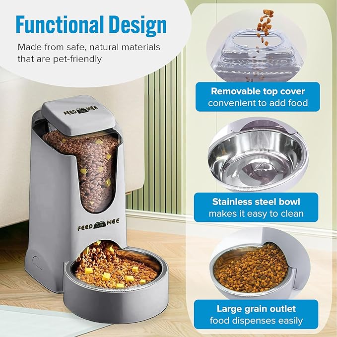 Automatic Cat Feeder Dog Water Bowl Dispenser – 2-Pack Automatic Dog Feeder with Silicone Mat, Pet Toothbrush – Safe Non-BPA Materials – Large Capacity for Small and Medium Animals Grey