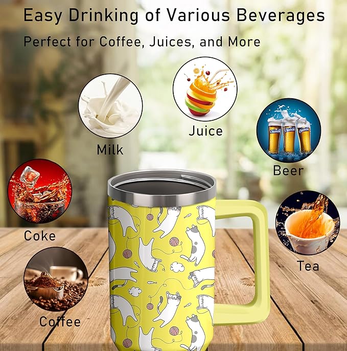 40oz Cute Cat Tumbler with Handle and Straw, Stainless Steel Insulated Cup with Lid, Travel Coffee Mug Water Bottle, Birthday Mothers Day Gifts for Women Men Animal Lovers