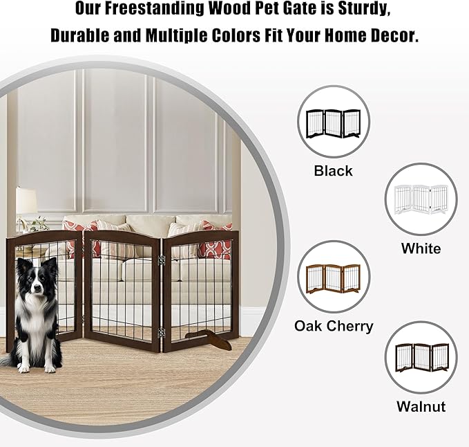 LZRS 3-Panel Freestanding Adjustable Wooden Dog Gate—30" Tall Foldable Pet Barrier with Support Feet, Chew-Resistant Solid Hardwood & Steel Wire Safety Fence for Doorways, Hallways, and Stairs, Walnut