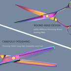 Dog Grooming Scissors kit 7 in 1 Professional Pet Cat Hair Cutting Shears At Home Including Straight Curved Thinning Scissors with Safety Round Tip, Comb
