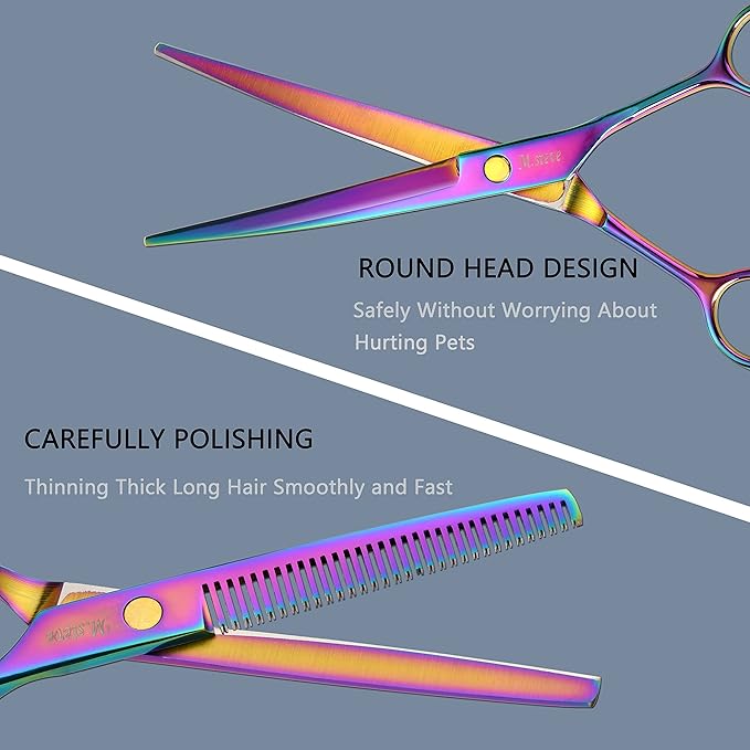 Dog Grooming Scissors kit 7 in 1 Professional Pet Cat Hair Cutting Shears At Home Including Straight Curved Thinning Scissors with Safety Round Tip, Comb