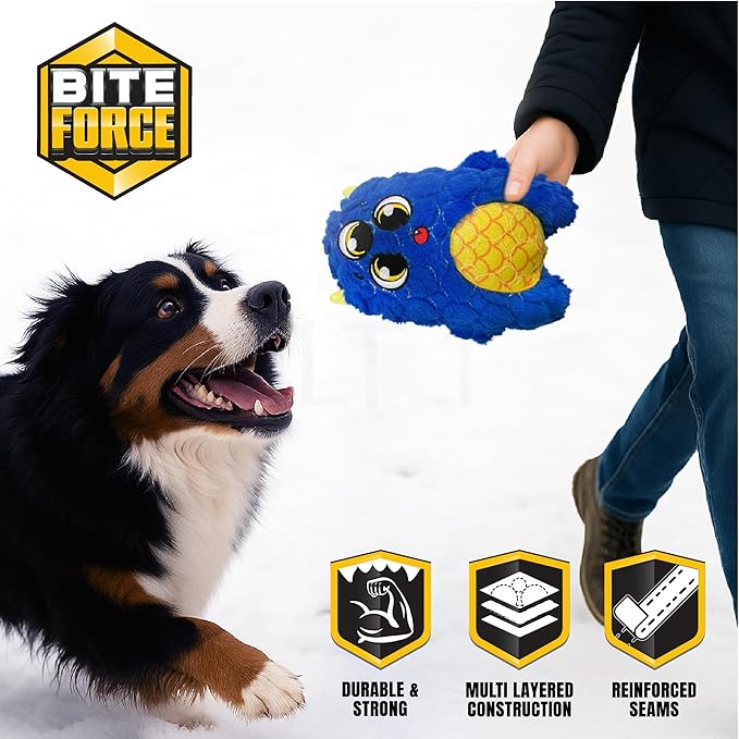 Bite Force - Durable & Strong Dog Toy Blue Furocious Frank Monster with Squeaker, Kevlar-Reinforced Seams for Aggressive chewers.