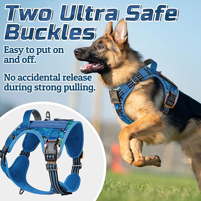 rabbitgoo Tactical Dog Harness Medium Sized Dog, No Pull Military Service Vest with Handle & Molle, Easy Control for Training Walking, Adjustable Reflective Straps, Blue Camo, M