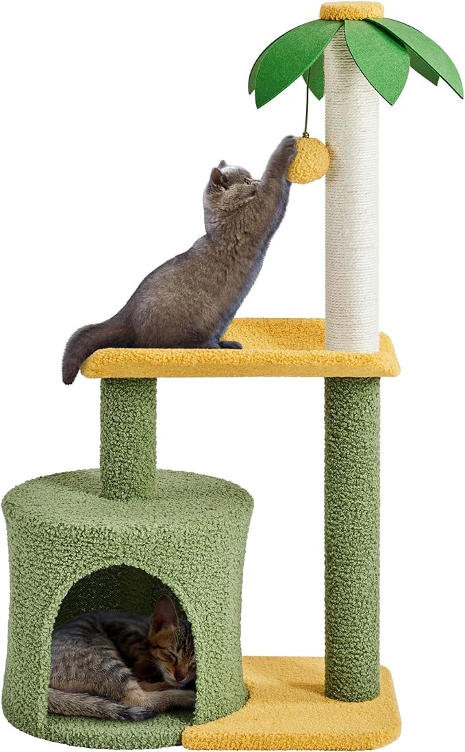 Yaheetech Cat Scratching Post, 37in Cute Coconut Palm Cat Scratcher w/Natural Sisal Rope, Coco Leaf, Dangling Pompom, Bending Perch, Cozy Condo Cat Scratching for Indoor Cats, Green/Yellow