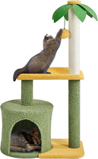 Yaheetech Cat Scratching Post, 37in Cute Coconut Palm Cat Scratcher w/Natural Sisal Rope, Coco Leaf, Dangling Pompom, Bending Perch, Cozy Condo Cat Scratching for Indoor Cats, Green/Yellow