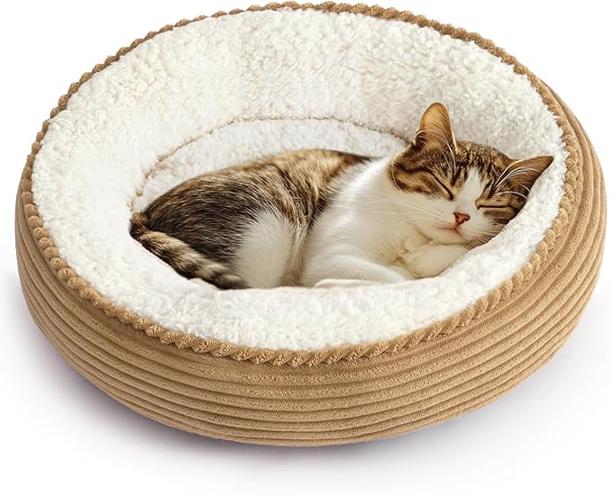 Love's cabin Round Donut Cat and Dog Cushion Bed, 20in Pet Bed for Cats or Small Dogs, Anti-Slip & Water-Resistant Bottom, Super Soft Durable Fabric Pet beds, Washable Luxury Cat Dog Bed Stripe Camel
