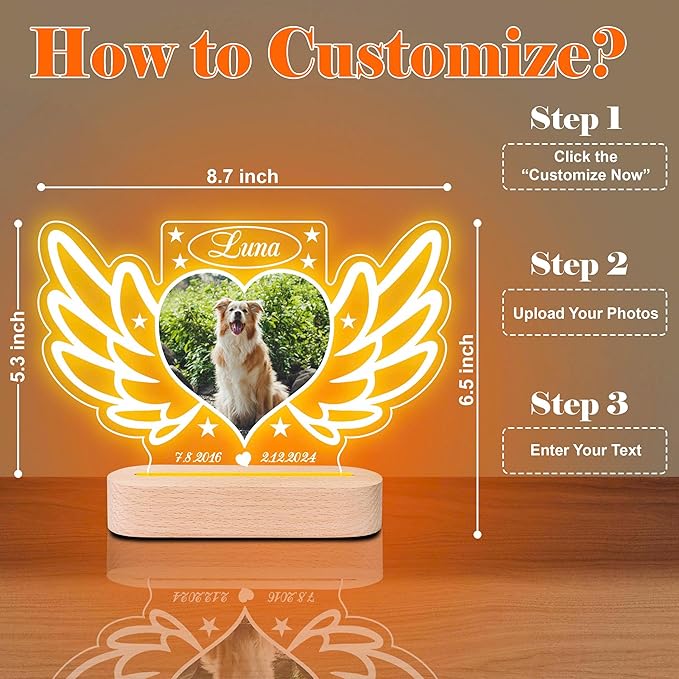 Pet Memorial Night Light – Custom Dog & Cat Loss Gift, Memorial Plaque & Picture Frame (PM #4)