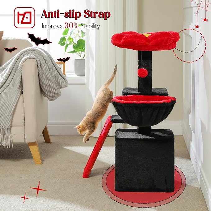 PETEPELA Gothic Cat Tree for Indoor Cats, 31.5'' Small Flower Cat Tower Condo with Sisal Scratching Ramp, Cozy Hammock and Removable Flower Cat Bed Perch for Kittens, Black