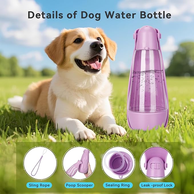 UPSKY Dog Water Bottle | Portable & Foldable Dog Water Bottle | 3-in-1 Portable Pet Water Dispenser with Food Container & Poop Scooper for Outdoor Walking, Hiking & Travel,14.2oz(Pink)