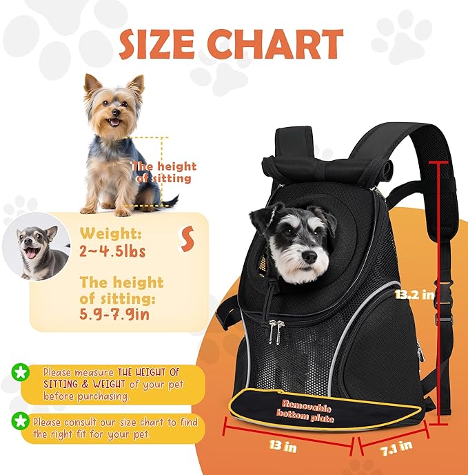 WOYYHO Pet Dog Carrier Backpack with Top and Side Windows, Small Dog Front Backpack Ventilated Mesh Dog Back Pack with Safety Belt for Travel Hiking Outdoor Adventures (Size S: 2-4.5 lbs, Black 2.0)