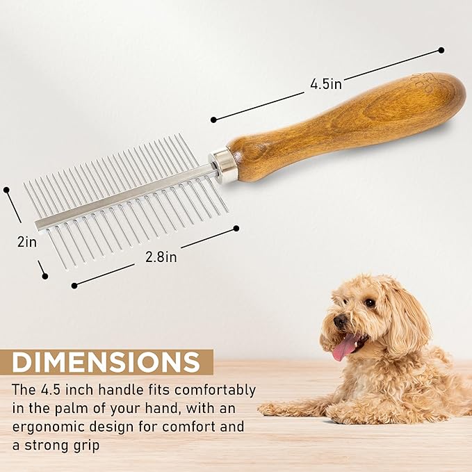 Takavu Double-Sided Metal Pet Comb for Dogs & Cats - Stainless Steel Teeth for Detangling, Removing Loose Hair & Flea Check - Grooming Tool